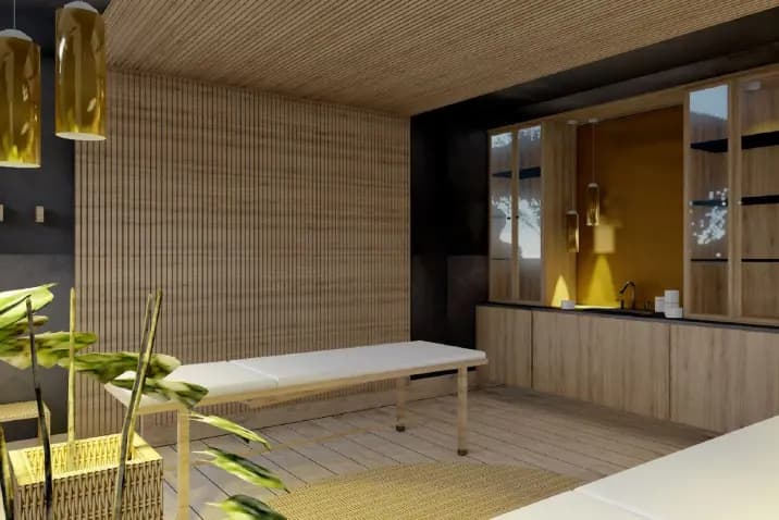 Ein moderner Wellnessraum mit einem Massagetisch in der Mitte, umgeben von Topfpflanzen. Die Wände sind mit Bambusverkleidungen geschmückt, und ein schlanker Holzschrank vervollständigt das Design.